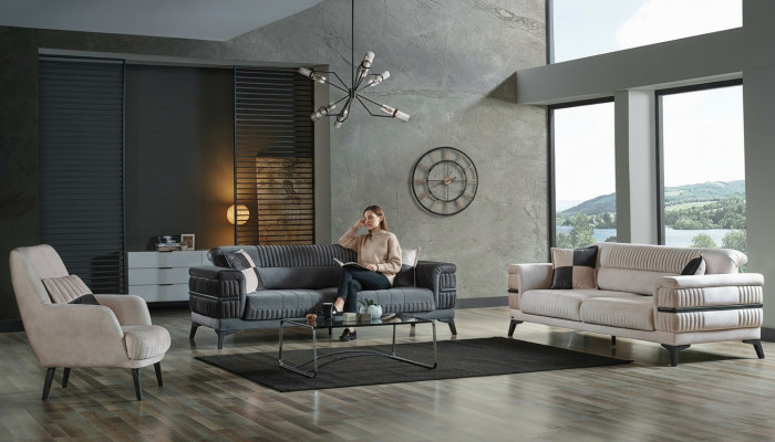 Bankstel 3+3+1 hout luxe woonkamer moderne stoffen nieuw compleet
