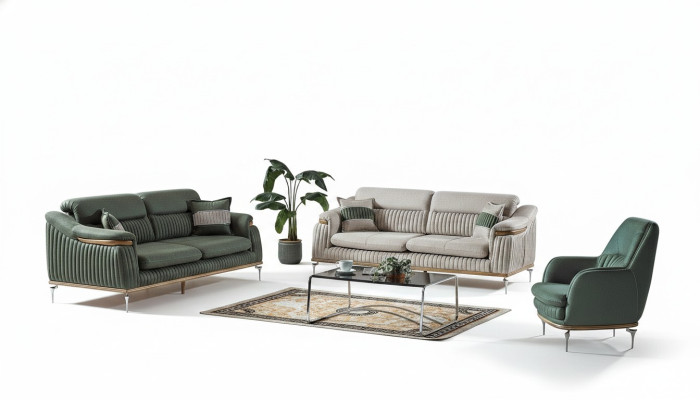 Bankstel 3+3+1 zits woonkamerset compleet textielbank fauteuil hout EU