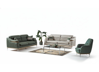 Bankstel 3+3+1 zits woonkamerset compleet textielbank fauteuil hout EU