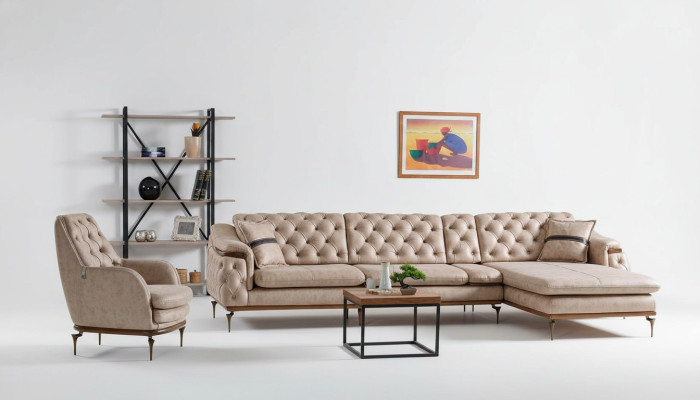 Luxe woonkamerset fauteuil hoekbank L-vorm modern Chesterfield compleet