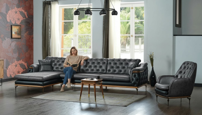 Zwart woonkamer set hoekbank L-vorm fauteuil modern Chesterfield compleet