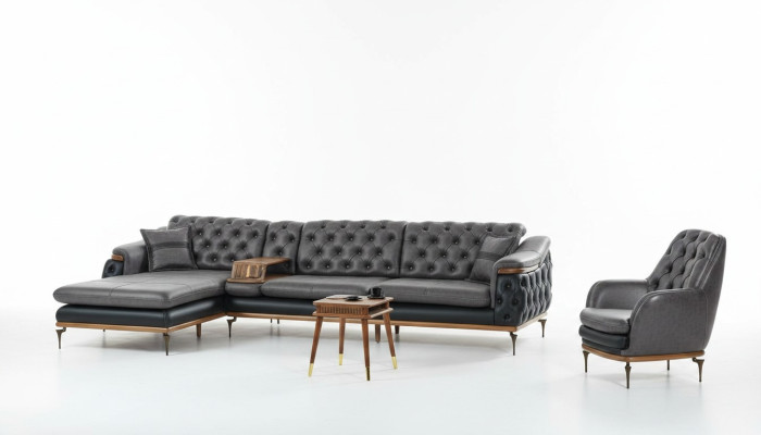 Zwart woonkamer set hoekbank L-vorm fauteuil modern Chesterfield compleet