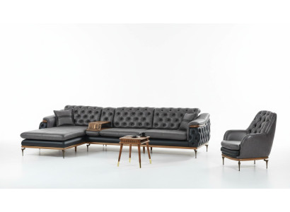 Zwart woonkamer set hoekbank L-vorm fauteuil modern Chesterfield compleet