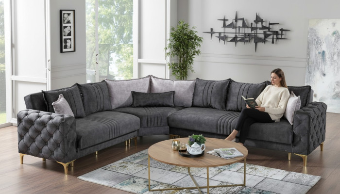 Grijze woonkamer hoekbank L-vormig Modern Chesterfield Nieuwe luxe bankstel