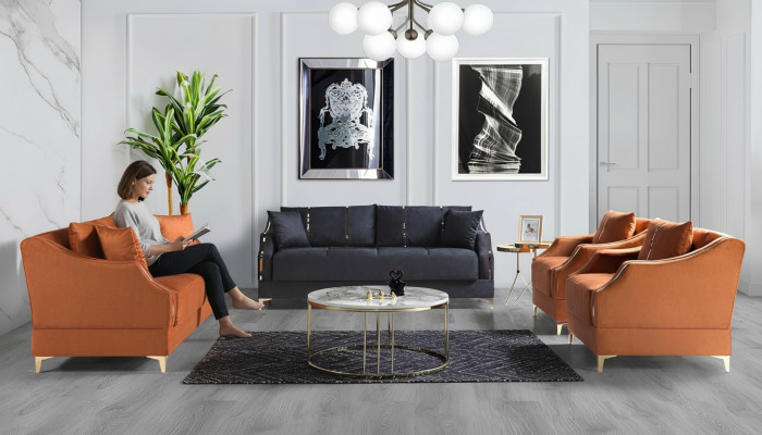 Bankstel 3+2+1+1 zits Woonkamer Set Compleet Textiel Bank Stoel Hout Nieuw
