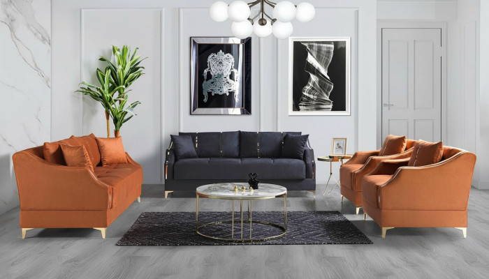 Bankstel 3+2+1+1 zits Woonkamer Set Compleet Textiel Bank Stoel Hout Nieuw