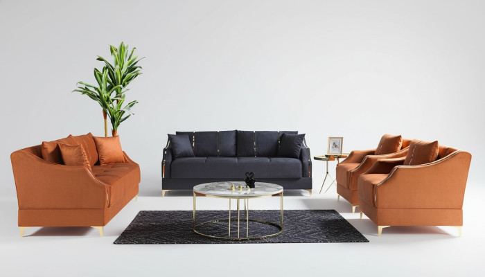 Bankstel 3+2+1+1 zits Woonkamer Set Compleet Textiel Bank Stoel Hout Nieuw