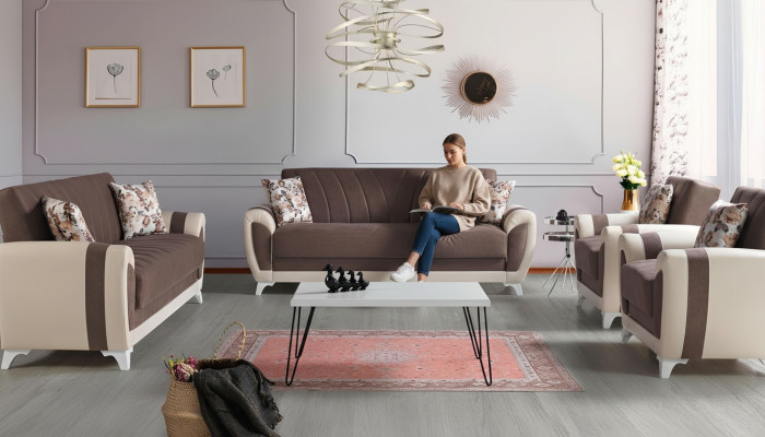 Slaapbank Sofa set 3+2+1+1 Zits Textielbank Fauteuil Complete set Bruin
