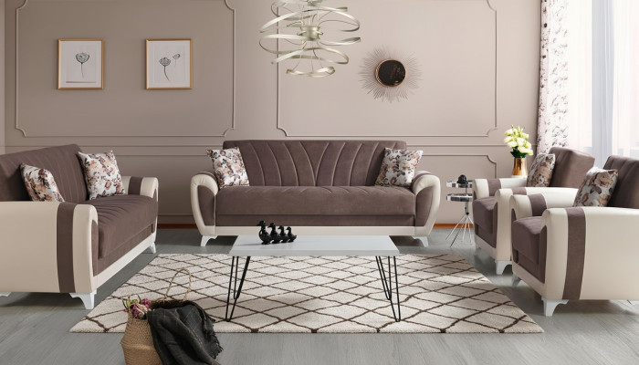 Slaapbank Sofa set 3+2+1+1 Zits Textielbank Fauteuil Complete set Bruin