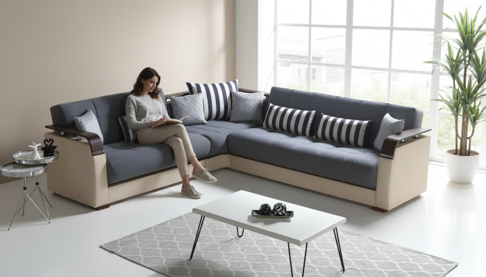Grijze woonkamer hoekbank L-vorm Modern luxe bankstel Hoekbankhoes