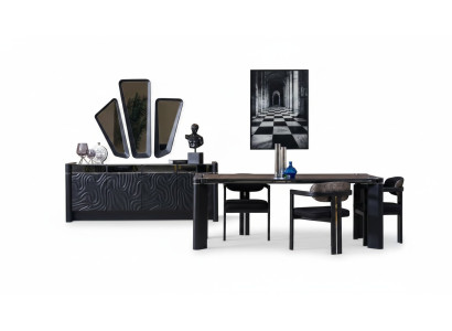 Zwart eetkamer set Eettafel 6x Stoel Dressoir 3x Spiegel Eetgroep Luxe
