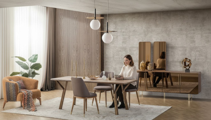 Eetkamer set 6x stoelen + eettafel + dressoir + spiegel set Eetkamer Designer Nieuw
