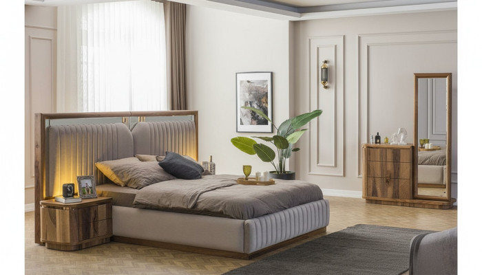 Modern slaapkamer set bed + 2x nachtkastjes + dressoir met spiegel Modern