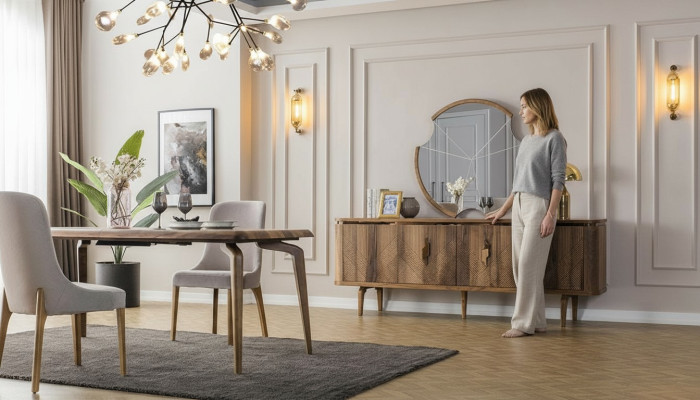 Eettafel + 6 stoelen + dressoir + spiegel eetkamerset eetgroep groepstafel