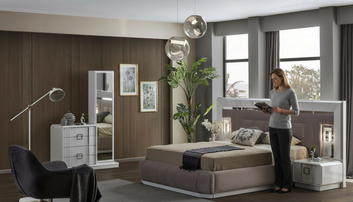 Modern slaapkamer set bed + 2 nachtkastjes + dressoir met spiegel Luxe Nieuw