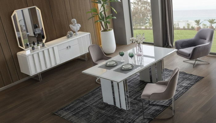 Luxe eetkamerset eettafel + 6x stoelen + dressoir met spiegel Modern Compleet