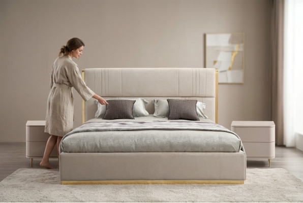 Slaapkamer set Bed Grijs Metaal Stof Design Luxe 2x Nachtkastjes 3-delig Nieuw