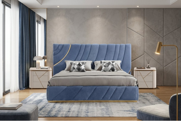 Slaapkamer set Bed 2x Nachtkastjes 3-delig Blauw nieuw Modern Compleet Luxe Meubels
