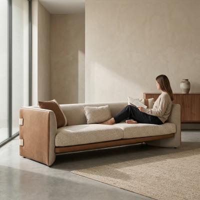 Beige bank Luxe driezitsbank Moderne inrichting gestoffeerde meubelen Textiel
