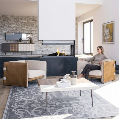 Woonkamerset 3-delig 2x beige fauteuil gestoffeerde meubelen luxe houten salontafel