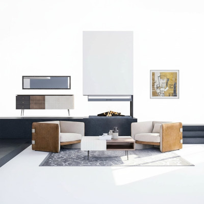 Woonkamerset 3-delig 2x beige fauteuil gestoffeerde meubelen luxe houten salontafel
