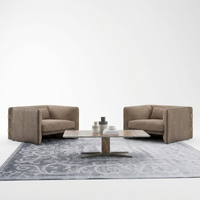 2x Luxe fauteuils woonkamer hout salontafel Modern meubilair Textiel Beklede fauteuils