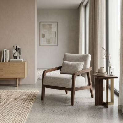 Luxe houten fauteuil woonkamer textiel gestoffeerde meubels design inrichting nieuw