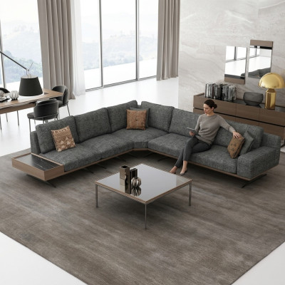 Grijze bank L-vorm Woonkamerset 2-delig Salontafel Hoekbank Luxe bekleding