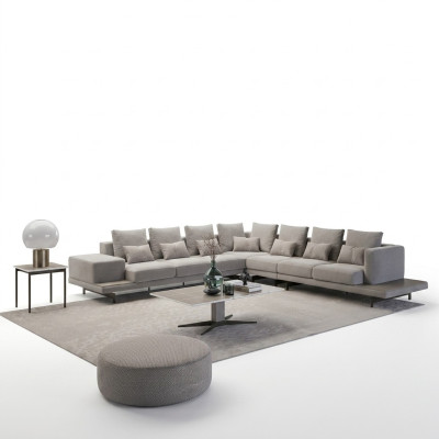Woonkamer Grijs gestoffeerde hoekbank L-vorm Design salontafel Bijzettafel.