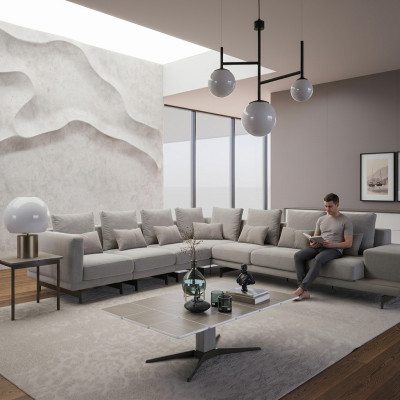 Designer Bank Bank Hoekbank L-vorm Textiel Bekleding Set Woonkamer Salontafel