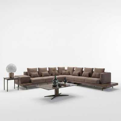 Designer woonkamerset 3-delig gestoffeerd hoekbank L-vorm hout salontafel nieuw