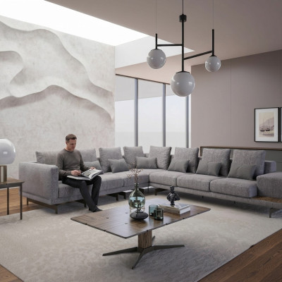 Luxe set woonkamer textiel hoekbank L-vorm hout salontafel met bijzettafel