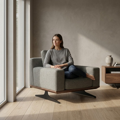 Luxe designstoel Moderne gestoffeerde fauteuil Grijs textiel zitting Nieuw