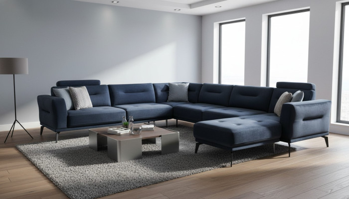 Luxe modern design woonkamer U-vormige hoekbank massief donkerblauw bankstel.