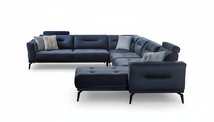 Luxe modern design woonkamer U-vormige hoekbank massief donkerblauw bankstel.