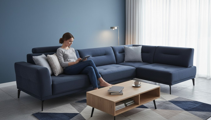 Eckbank Woonkamer Donkerblauw L-vormig Stoffen Bank Modern Ontwerp