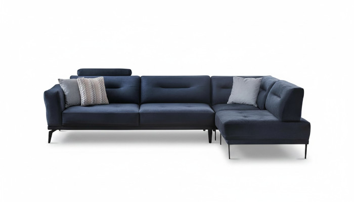 Eckbank Woonkamer Donkerblauw L-vormig Stoffen Bank Modern Ontwerp