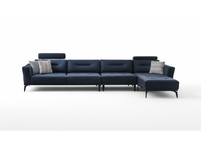 Groot L-vormig donkerblauw hoekbankstel voor moderne luxe inrichting.
