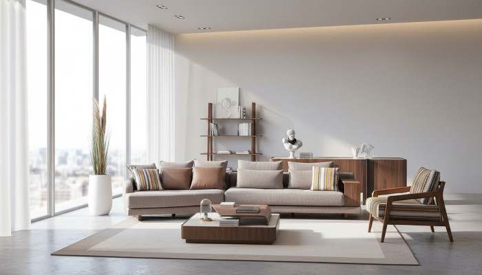 Exclusieve woonkamerbankstel, stoffen bank, houten salontafel, dressoir.
