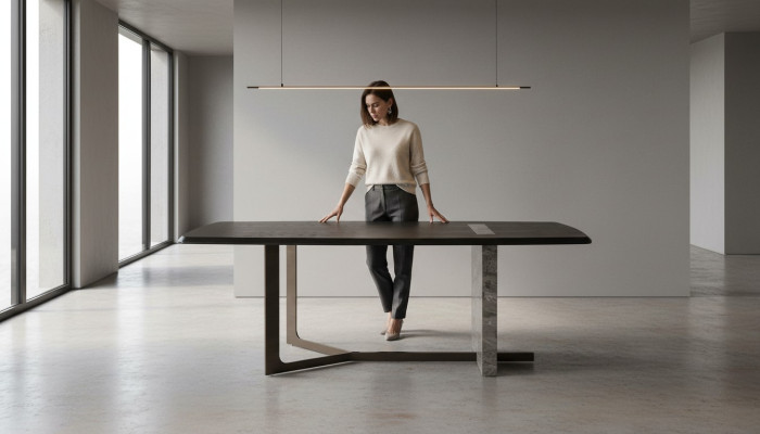 Moderne rechthoekige eettafel voor de eetkamer in grijs hout met luxe design.