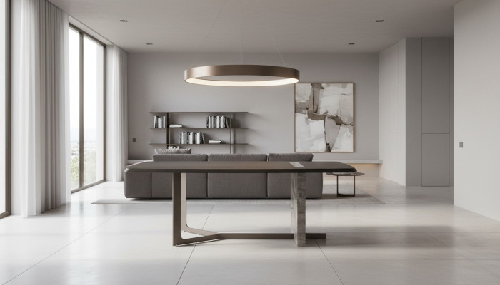 Moderne rechthoekige eettafel voor de eetkamer in grijs hout met luxe design.