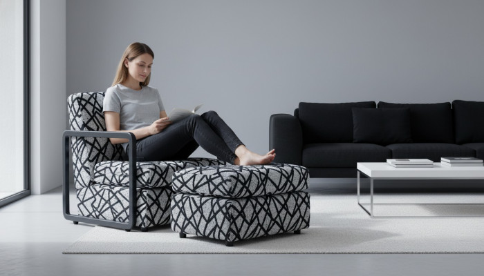 Zwart-grijze woonkamer fauteuil ontworpen door een designer, Luxe loungestoel voor één persoon.