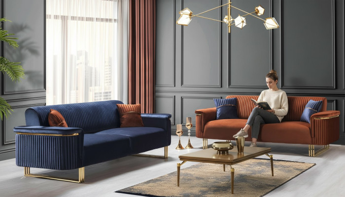 Blauw-oranje woonkamer bankstel set, designer stoffen banken, moderne meubels, 2 stuks.