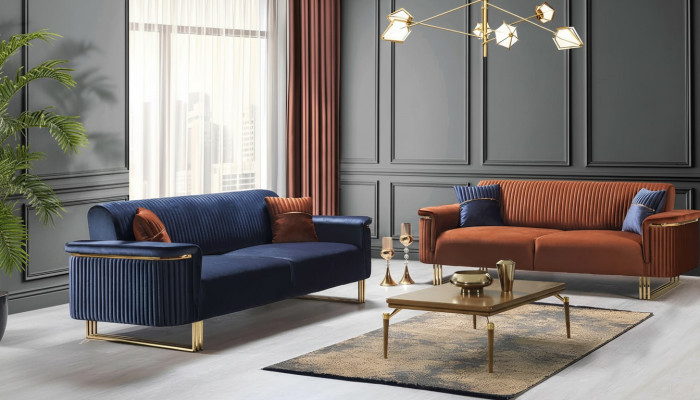 Blauw-oranje woonkamer bankstel set, designer stoffen banken, moderne meubels, 2 stuks.