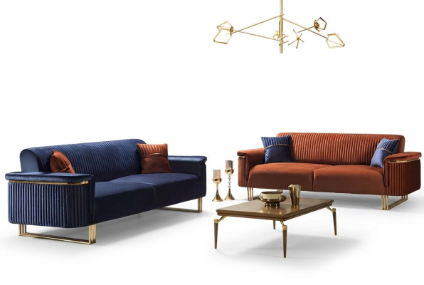 Blauw-oranje woonkamer bankstel set, designer stoffen banken, moderne meubels, 2 stuks.