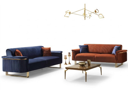 Blauw-oranje woonkamer bankstel set, designer stoffen banken, moderne meubels, 2 stuks.