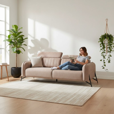Beige woonkamer bank ontwerper 3-zits stoffen bank luxe gestoffeerde meubels