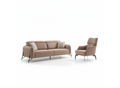 Beige woonkamer stoffen bank Luxe fauteuil 3-zitsbank 1-zitsbank 2 stuks