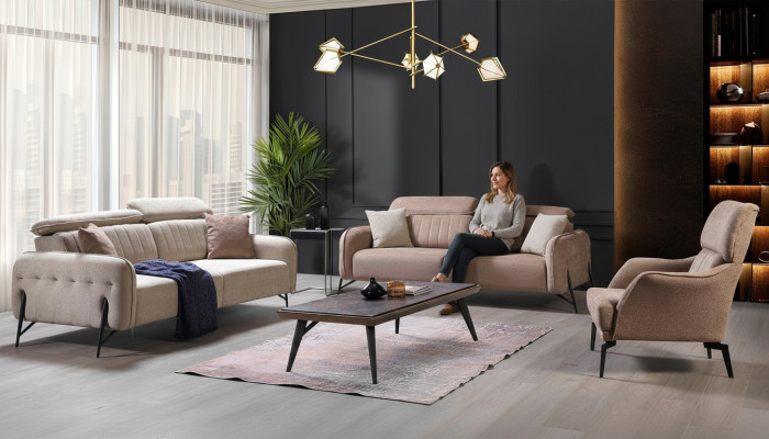 Beige woonkamer bankstel ontwerper 2x stoffen fauteuil 3-zits 3-delig.