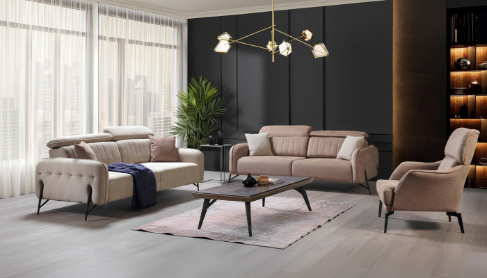 Beige woonkamer bankstel ontwerper 2x stoffen fauteuil 3-zits 3-delig.